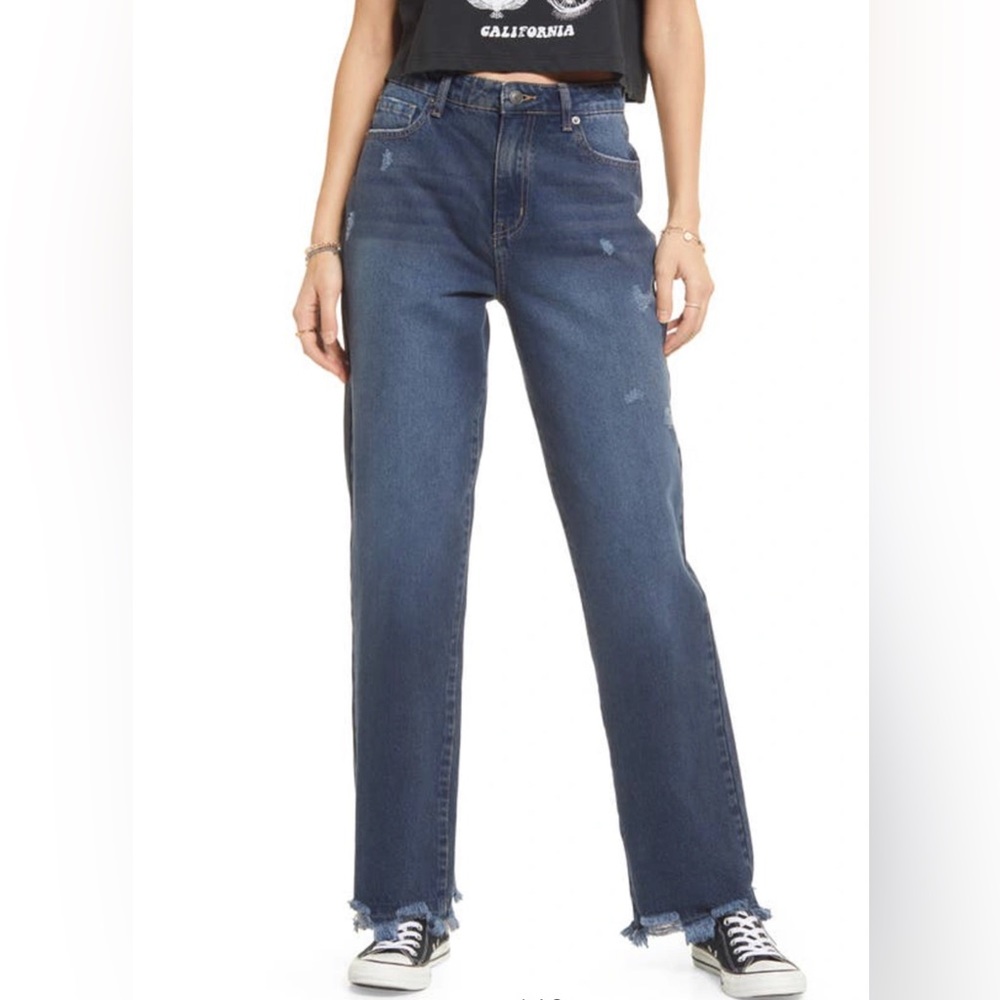90s high waist destroyed hem straight leg jeans blue med destroyed wash size 28